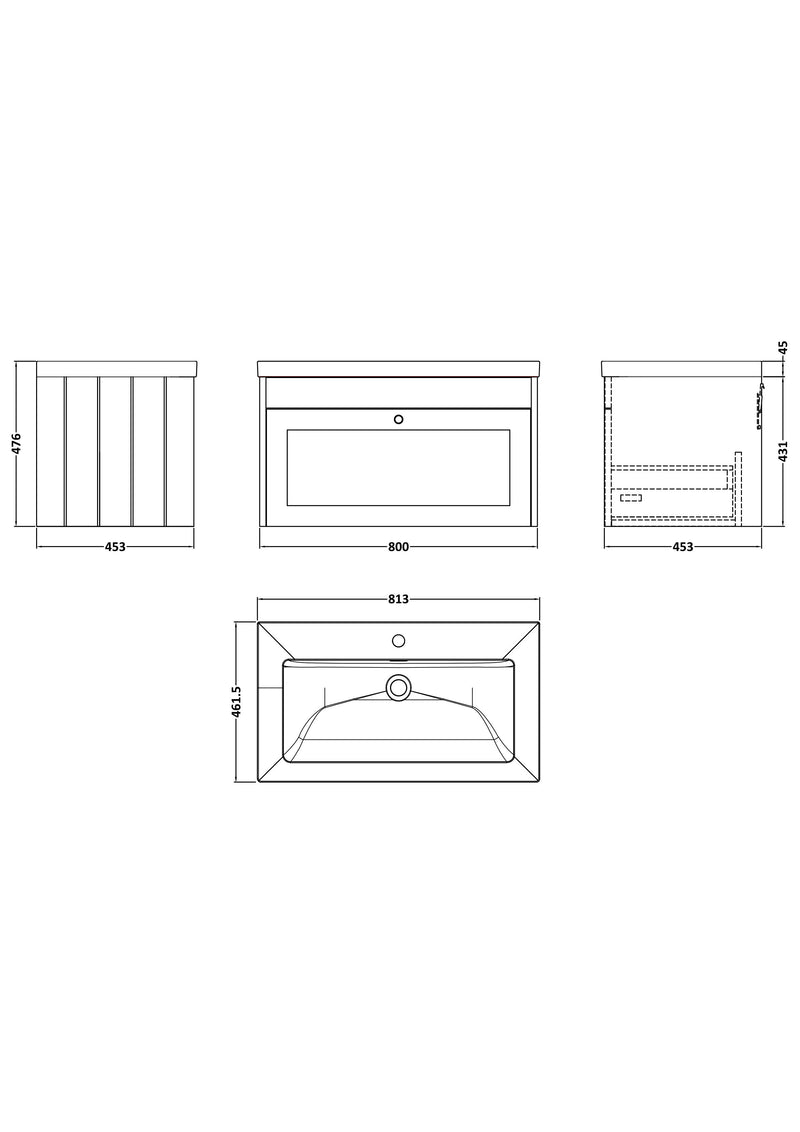 Old London Ashwick Satin Soft Black 800mm Wall Hung 1-Drawer Unit with Basin 1 TH