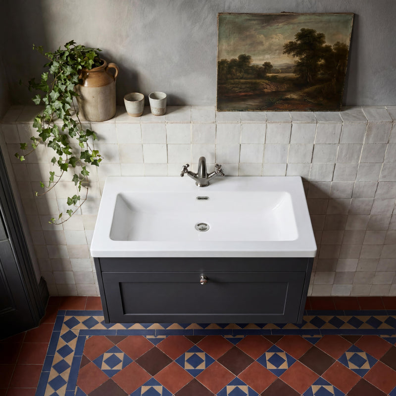 Old London Ashwick Satin Soft Black 800mm Wall Hung 1-Drawer Unit with Basin 1 TH