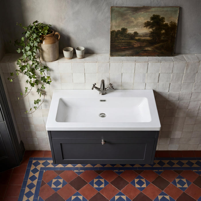 Old London Ashwick Satin Soft Black 800mm Wall Hung 1-Drawer Unit with Basin 1 TH