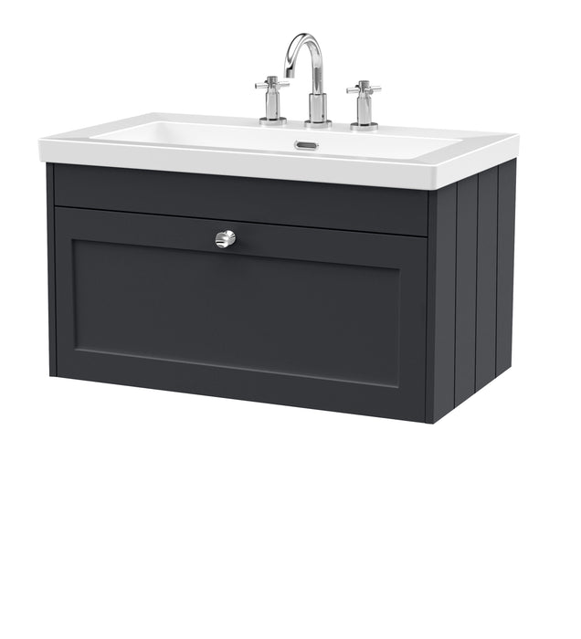Old London Ashwick Satin Soft Black 800mm Wall Hung 1-Drawer Unit with Basin 3 TH