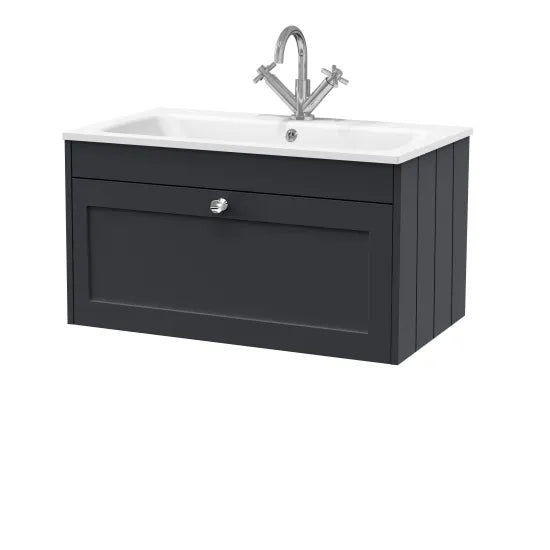 Old London Ashwick Satin Soft Black 800mm Wall Hung 1-Drawer Unit With Stone Basin 1 Tap Hole
