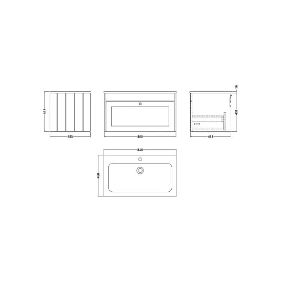 Old London Ashwick Satin Soft Black 800mm Wall Hung 1-Drawer Unit With Stone Basin 1 Tap Hole