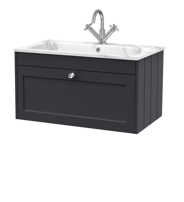 Old London Ashwick Satin Soft Black 800mm Wall Hung 1-Drawer Unit With Stone Basin 1 Tap Hole