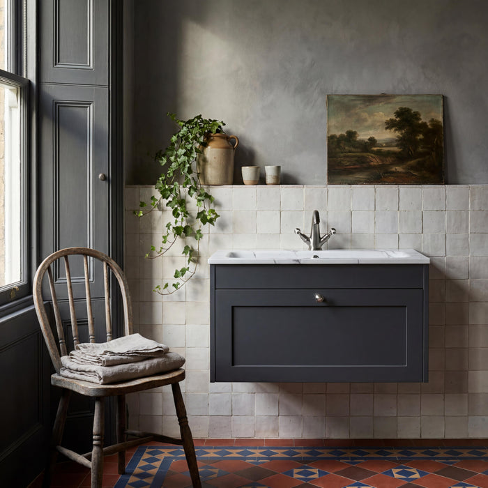 Old London Ashwick Satin Soft Black 800mm Wall Hung 1-Drawer Unit With Stone Basin 1 Tap Hole