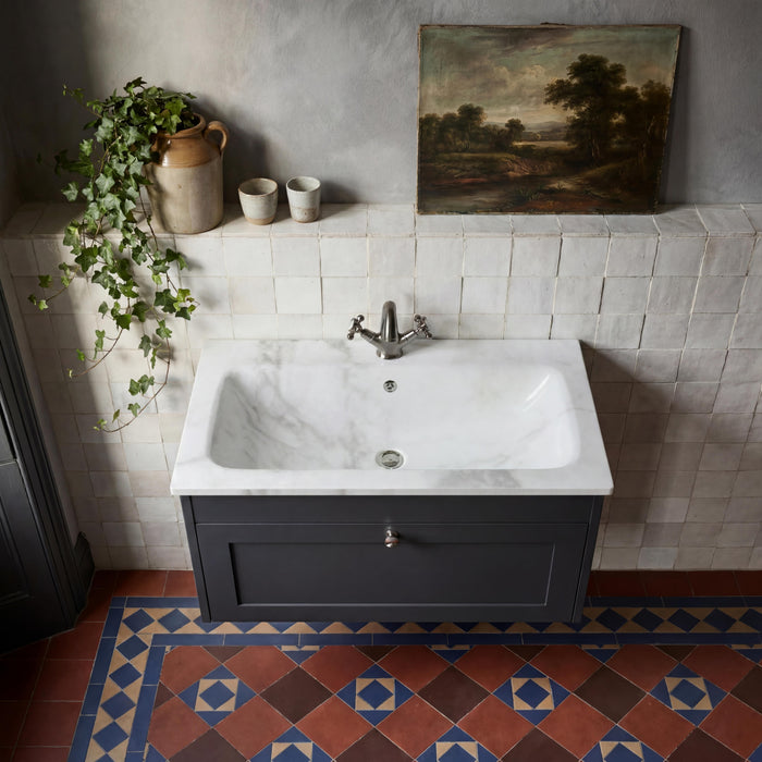 Old London Ashwick Satin Soft Black 800mm Wall Hung 1-Drawer Unit With Stone Basin 1 Tap Hole