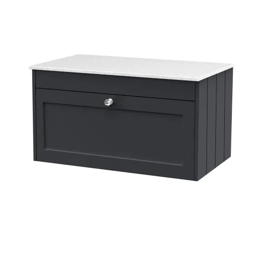 Old London Ashwick Satin Soft Black 800mm Wall Hung 1-Drawer Unit with Marble Top