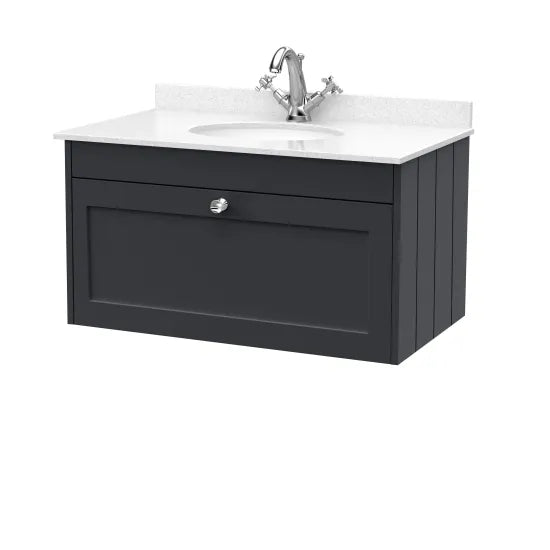 Old London Ashwick Satin Soft Black 800mm Wall Hung 1-Drawer Unit With Marble Top 1 Tap Hole