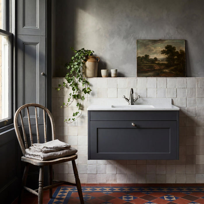 Old London Ashwick Satin Soft Black 800mm Wall Hung 1-Drawer Unit With Marble Top 1 Tap Hole