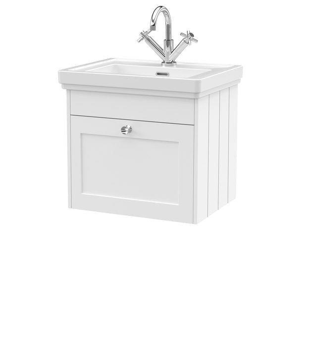 Old London Ashwick Satin White 500mm Wall Hung 1-Drawer Unit With Basin 1 Tap Hole