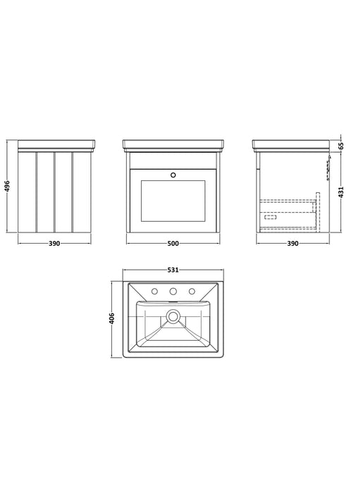 Old London Ashwick Satin White 500mm Wall Hung 1-Drawer Unit With Basin 3 Tap Hole