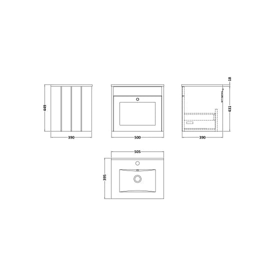 Old London Ashwick Satin White 500mm Wall Hung 1-Drawer Unit With Minimalist Basin