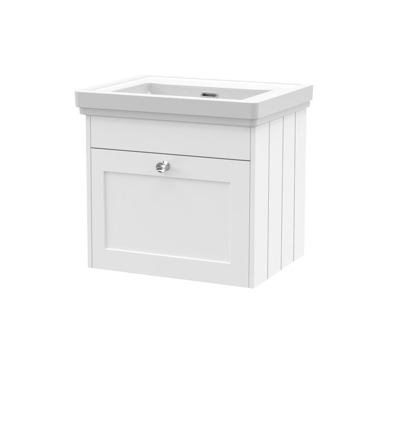 Old London Ashwick Satin White 500mm Wall Hung 1-Drawer Unit With Basin No Tap Hole