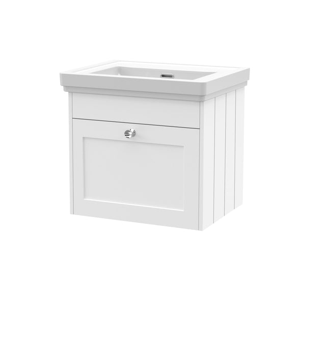 Old London Ashwick Satin White 500mm Wall Hung 1-Drawer Unit With Basin No Tap Hole