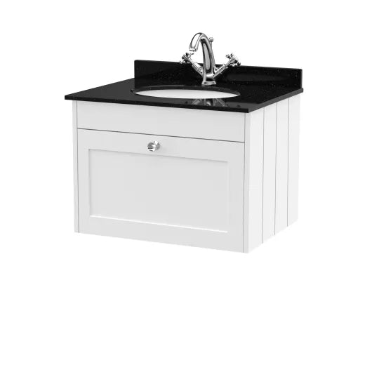 Old London Ashwick Satin White 600mm Wall Hung 1-Drawer Unit With Marble Top 1 Tap Hole