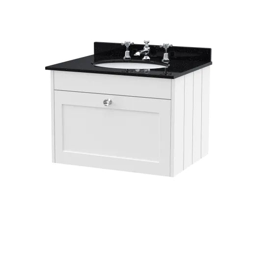 Old London Ashwick Satin White 600mm Wall Hung 1-Drawer Unit With Marble Top 3 Tap Hole