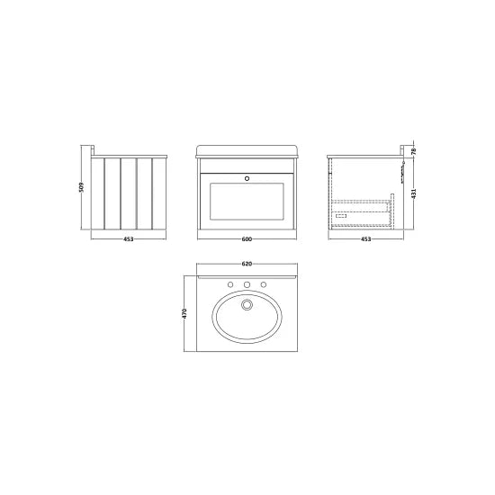Old London Ashwick Satin White 600mm Wall Hung 1-Drawer Unit With Marble Top 3 Tap Hole