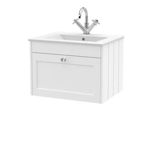 Old London Ashwick Satin White 600mm Wall Hung 1-Drawer Unit With Basin 1 Tap Hole