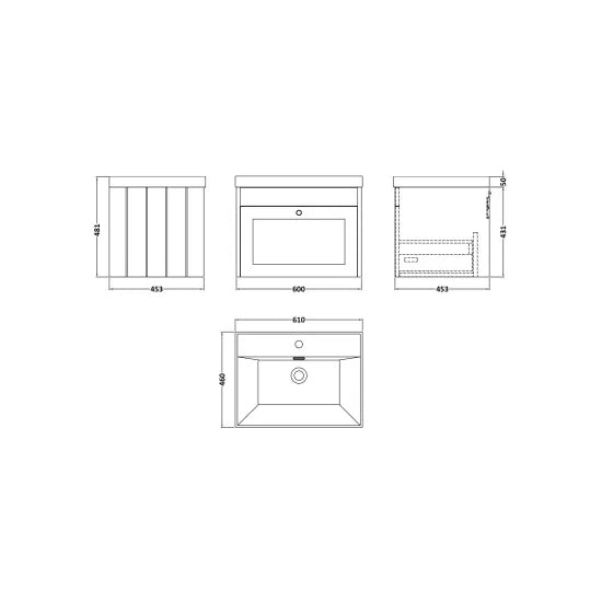 Old London Ashwick Satin White 600mm Wall Hung 1-Drawer Unit With Basin 1 Tap Hole