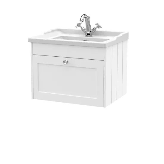 Old London Ashwick Satin White 600mm Wall Hung 1-Drawer Unit With Basin 1 Tap Hole