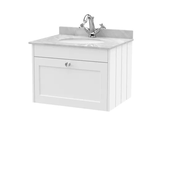 Old London Ashwick Satin White 600mm Wall Hung 1-Drawer Unit With Marble Top 1 Tap Hole