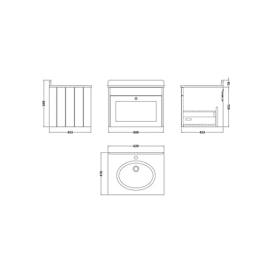 Old London Ashwick Satin White 600mm Wall Hung 1-Drawer Unit With Marble Top 1 Tap Hole