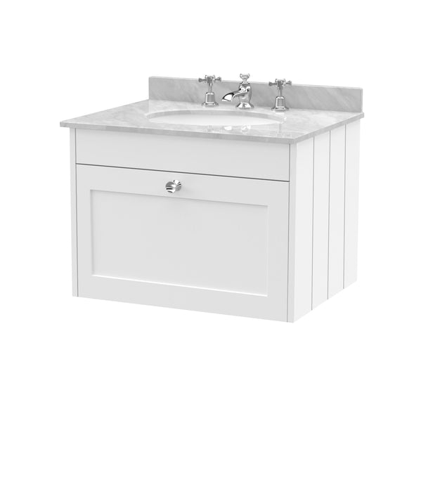 Old London Ashwick Satin White 600mm Wall Hung 1-Drawer Unit With Marble Top 3 Tap Hole