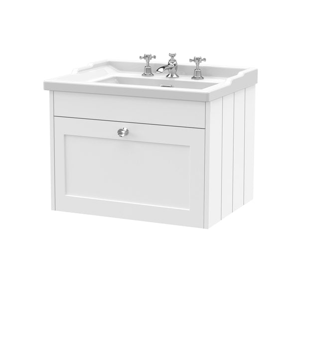 Old London Ashwick Satin White 600mm Wall Hung 1-Drawer Unit With Basin 3 Tap Hole