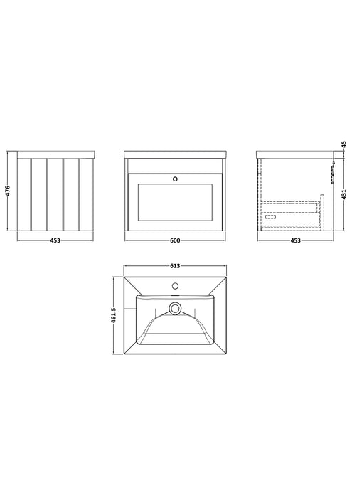 Old London Ashwick Satin White 600mm Wall Hung 1-Drawer Unit With Basin 1 Tap Hole