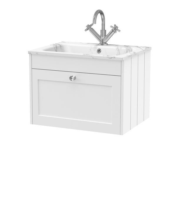 Old London Ashwick Satin White 600mm Wall Hung 1-Drawer Unit With Stone Basin 1 Tap Hole