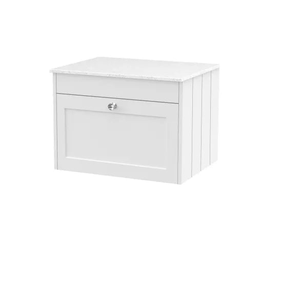 Old London Ashwick Satin White 600mm Wall Hung 1-Drawer Unit With Marble Top