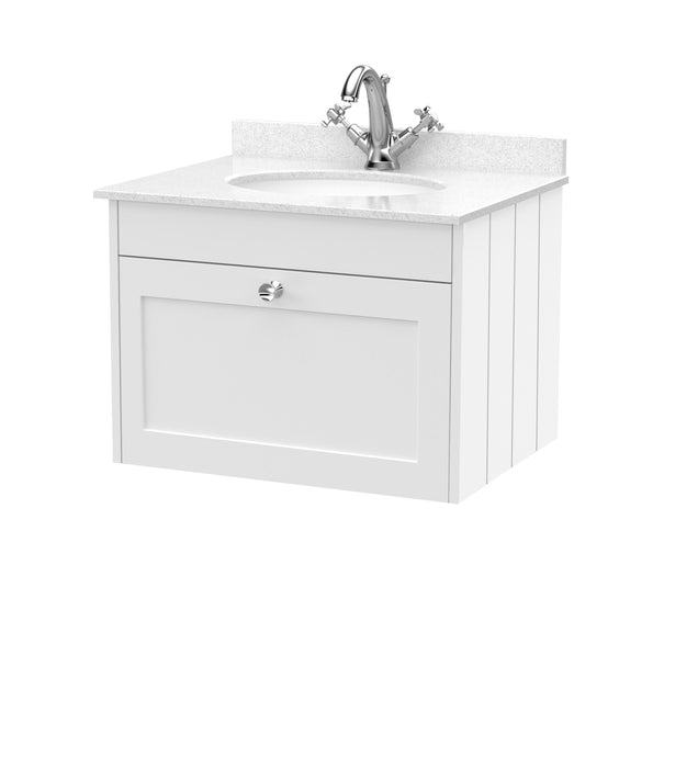 Old London Ashwick Satin White 600mm Wall Hung 1-Drawer Unit With Marble Top 1 Tap Hole