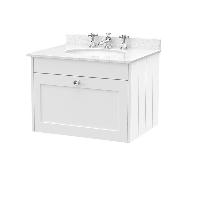 Old London Ashwick Satin White 600mm Wall Hung 1-Drawer Unit With Marble Top 3 Tap Hole