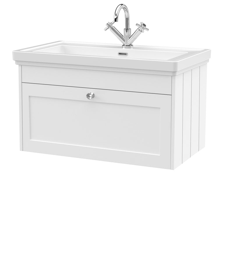 Old London Ashwick Satin White 800mm Wall Hung 1-Drawer Unit With Basin 1 Tap Hole