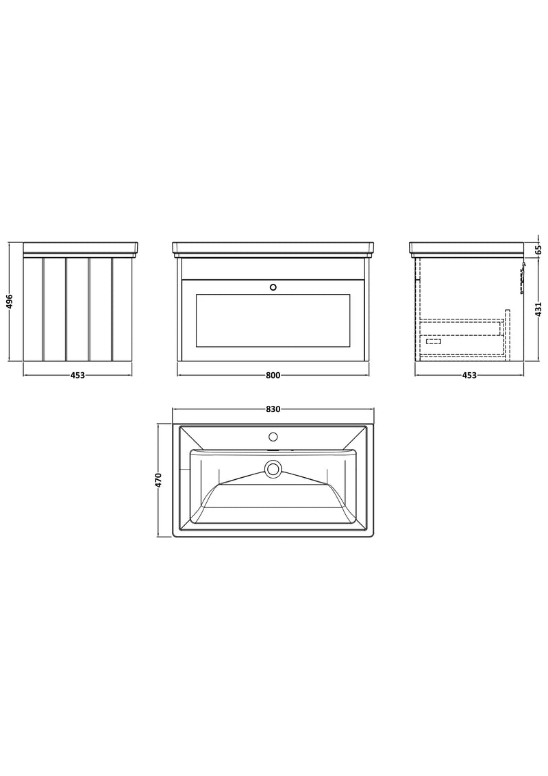 Old London Ashwick Satin White 800mm Wall Hung 1-Drawer Unit With Basin 1 Tap Hole
