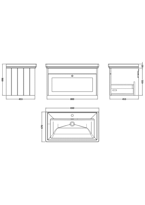 Old London Ashwick Satin White 800mm Wall Hung 1-Drawer Unit With Basin 1 Tap Hole