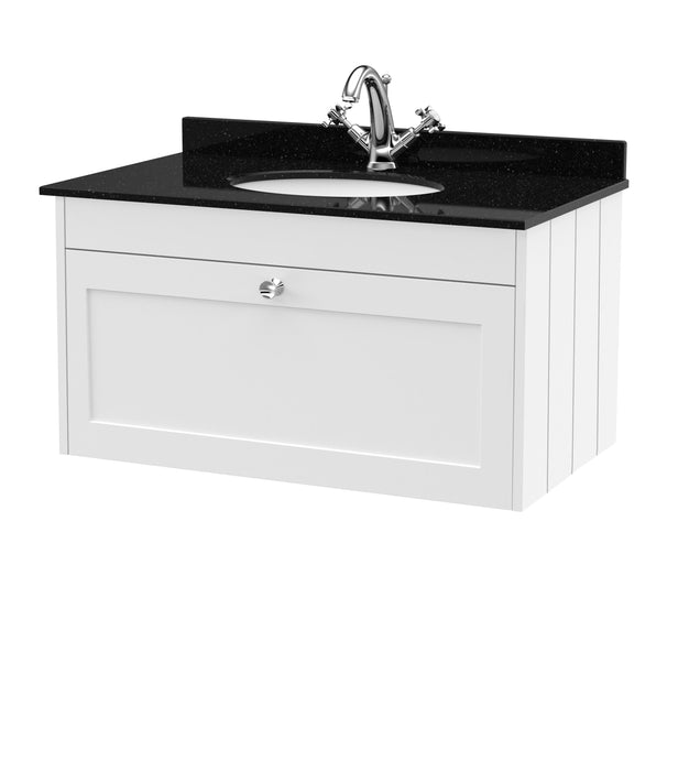Old London Ashwick Satin White 800mm Wall Hung 1-Drawer Unit With Marble Top 3 Tap Hole