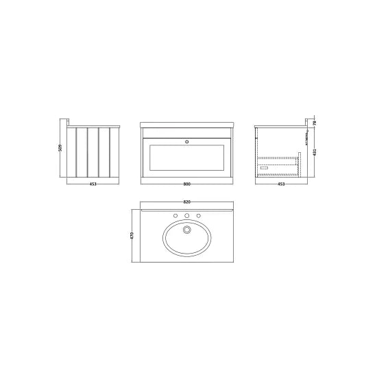 Old London Ashwick Satin White 800mm Wall Hung 1-Drawer Unit With Marble Top 3 Tap Hole