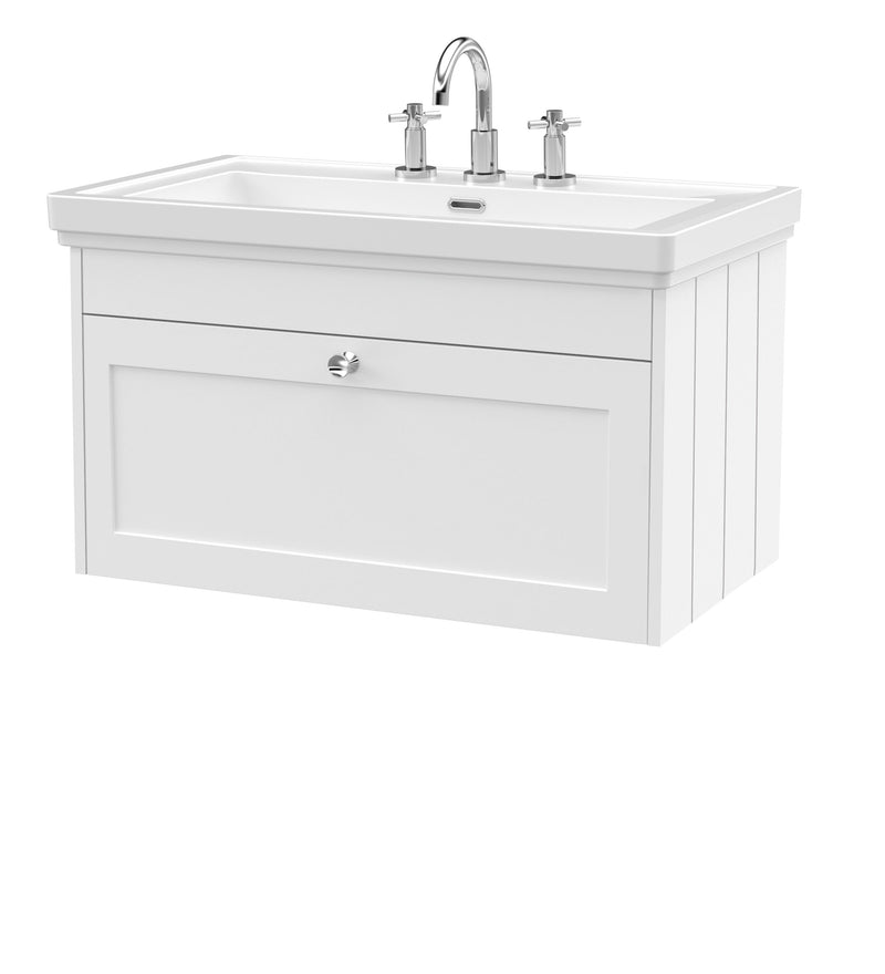 Old London Ashwick Satin White 800mm Wall Hung 1-Drawer Unit With Basin 3 Tap Hole