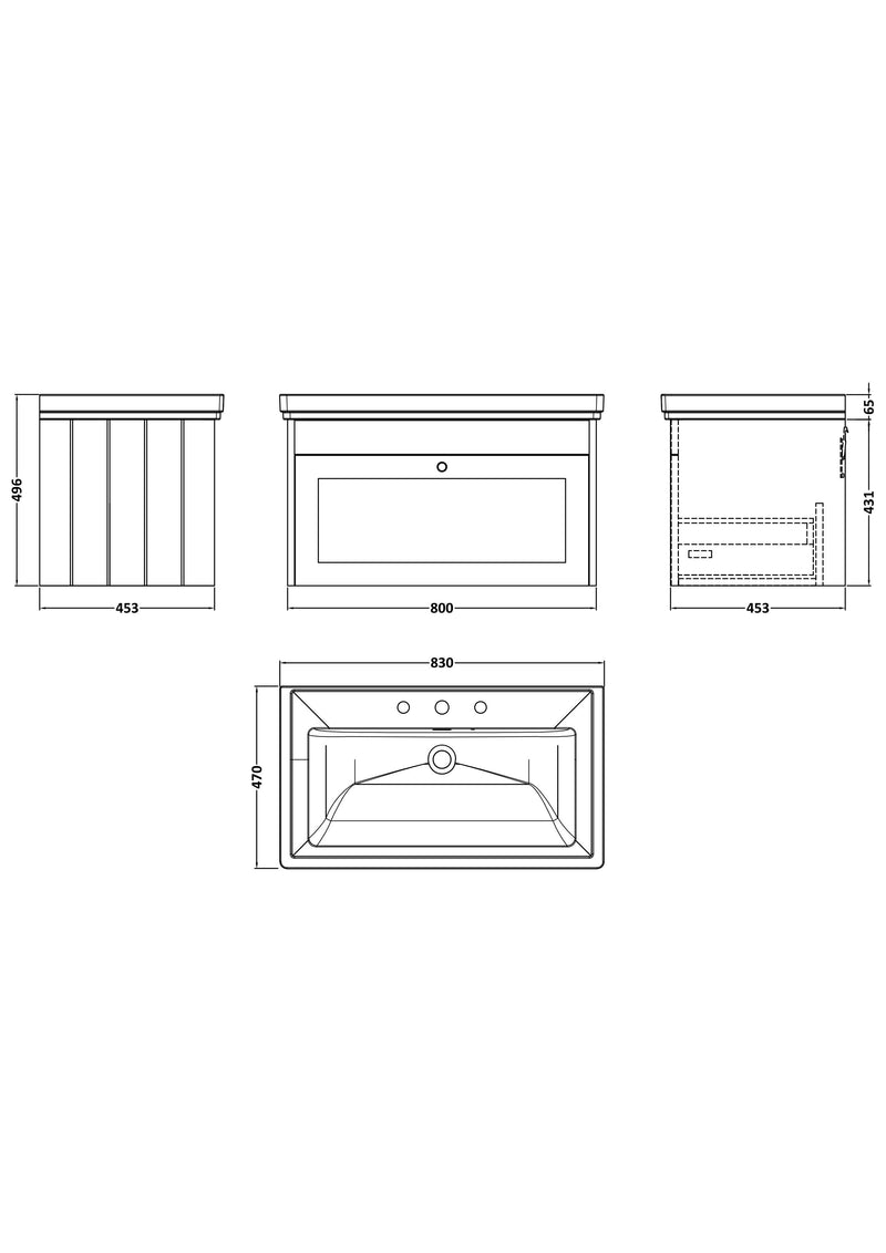 Old London Ashwick Satin White 800mm Wall Hung 1-Drawer Unit With Basin 3 Tap Hole