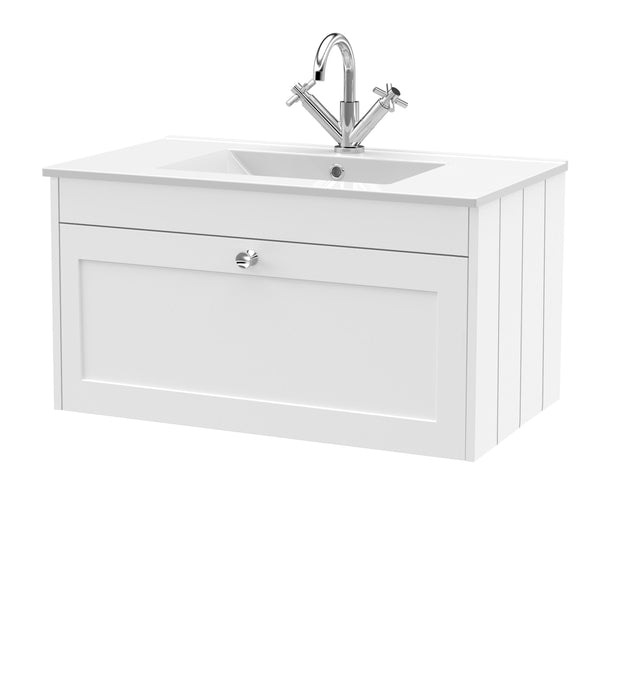 Old London Ashwick Satin White 800mm Wall Hung 1-Drawer Unit with Basin 1 TH