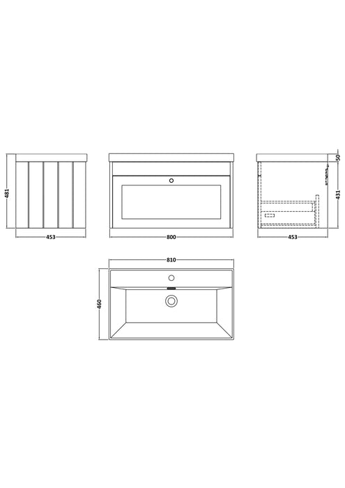 Old London Ashwick Satin White 800mm Wall Hung 1-Drawer Unit with Basin 1 TH