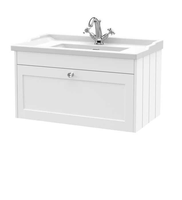 Old London Ashwick Satin White 800mm Wall Hung 1-Drawer Unit With Basin 1 Tap Hole