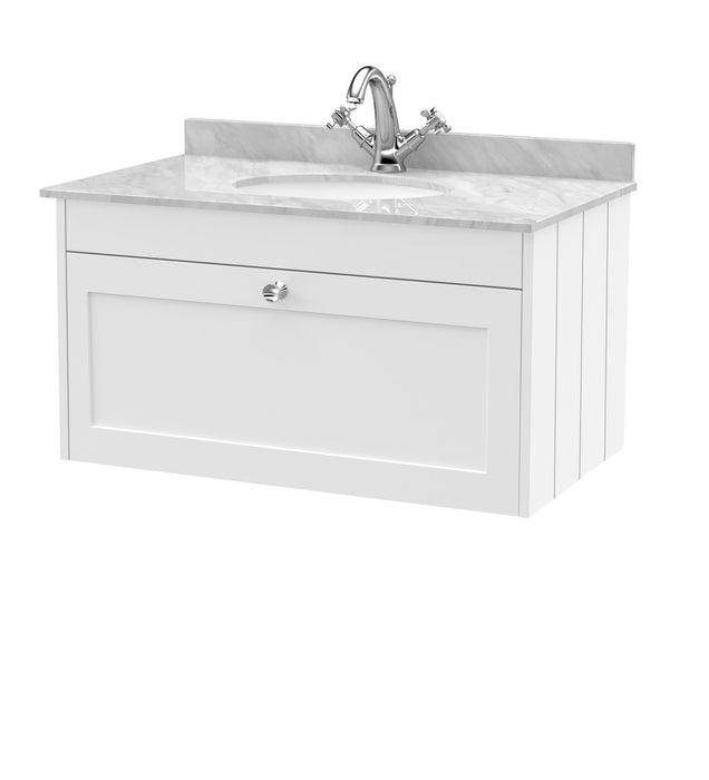 Old London Ashwick Satin White 800mm Wall Hung 1-Drawer Unit With Marble Top 1 Tap Hole