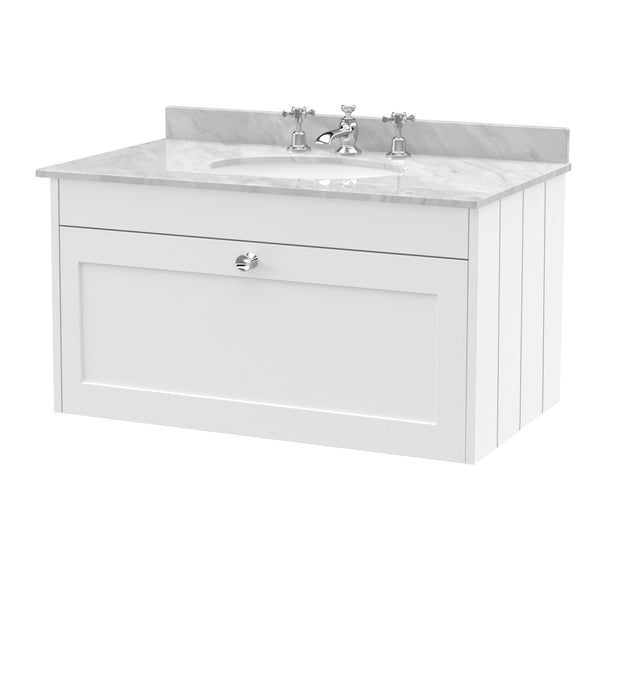 Old London Ashwick Satin White 800mm Wall Hung 1-Drawer Unit With Marble Top 3 Tap Hole