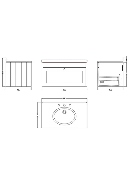 Old London Ashwick Satin White 800mm Wall Hung 1-Drawer Unit With Marble Top 3 Tap Hole