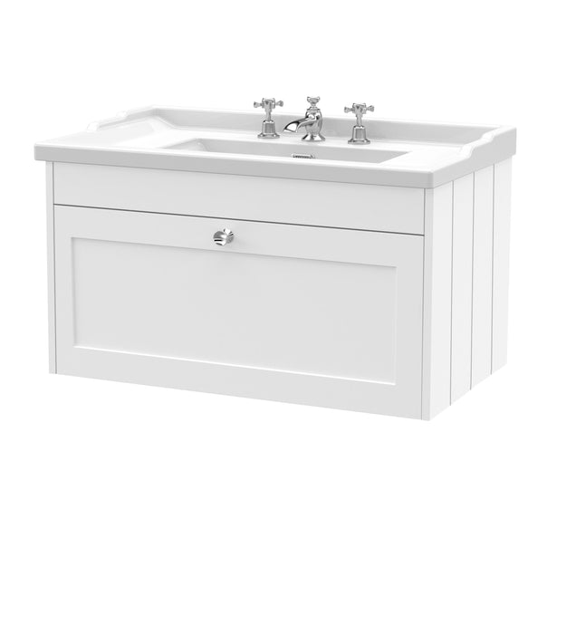 Old London Ashwick Satin White 800mm Wall Hung 1-Drawer Unit With Basin 3 Tap Hole