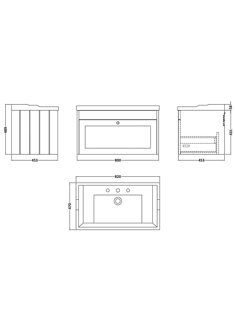 Old London Ashwick Satin White 800mm Wall Hung 1-Drawer Unit With Basin 3 Tap Hole
