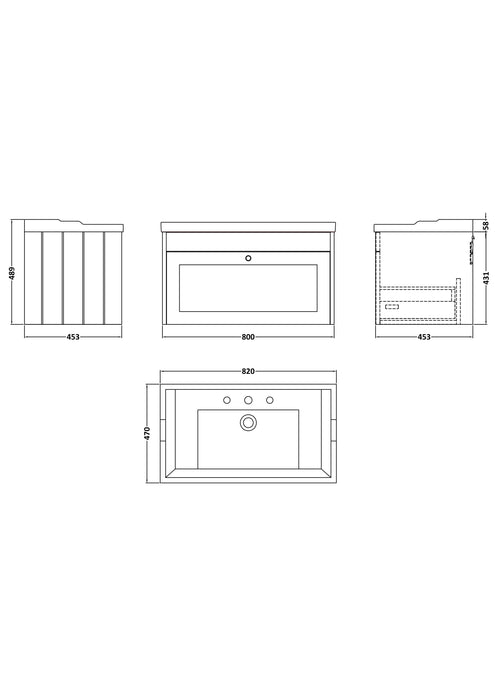Old London Ashwick Satin White 800mm Wall Hung 1-Drawer Unit With Basin 3 Tap Hole