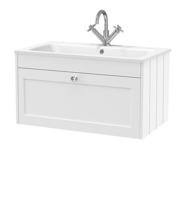 Old London Ashwick Satin White 800mm Wall Hung 1-Drawer Unit With Stone Basin 1 Tap Hole