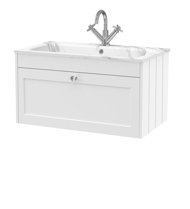 Old London Ashwick Satin White 800mm Wall Hung 1-Drawer Unit With Stone Basin 1 Tap Hole